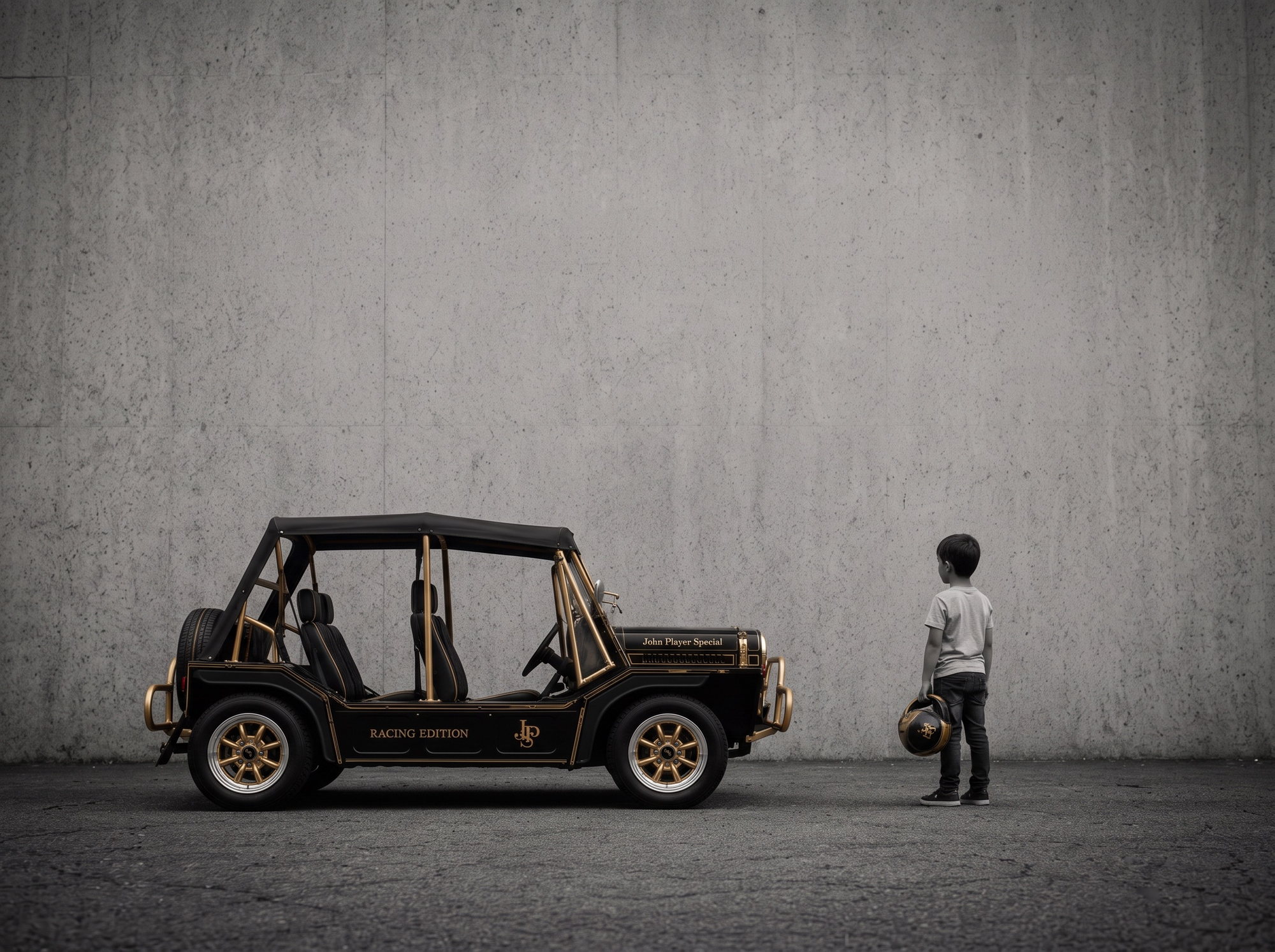 A boy looking towards an Élan Racing Edition, imagining the drive ahead