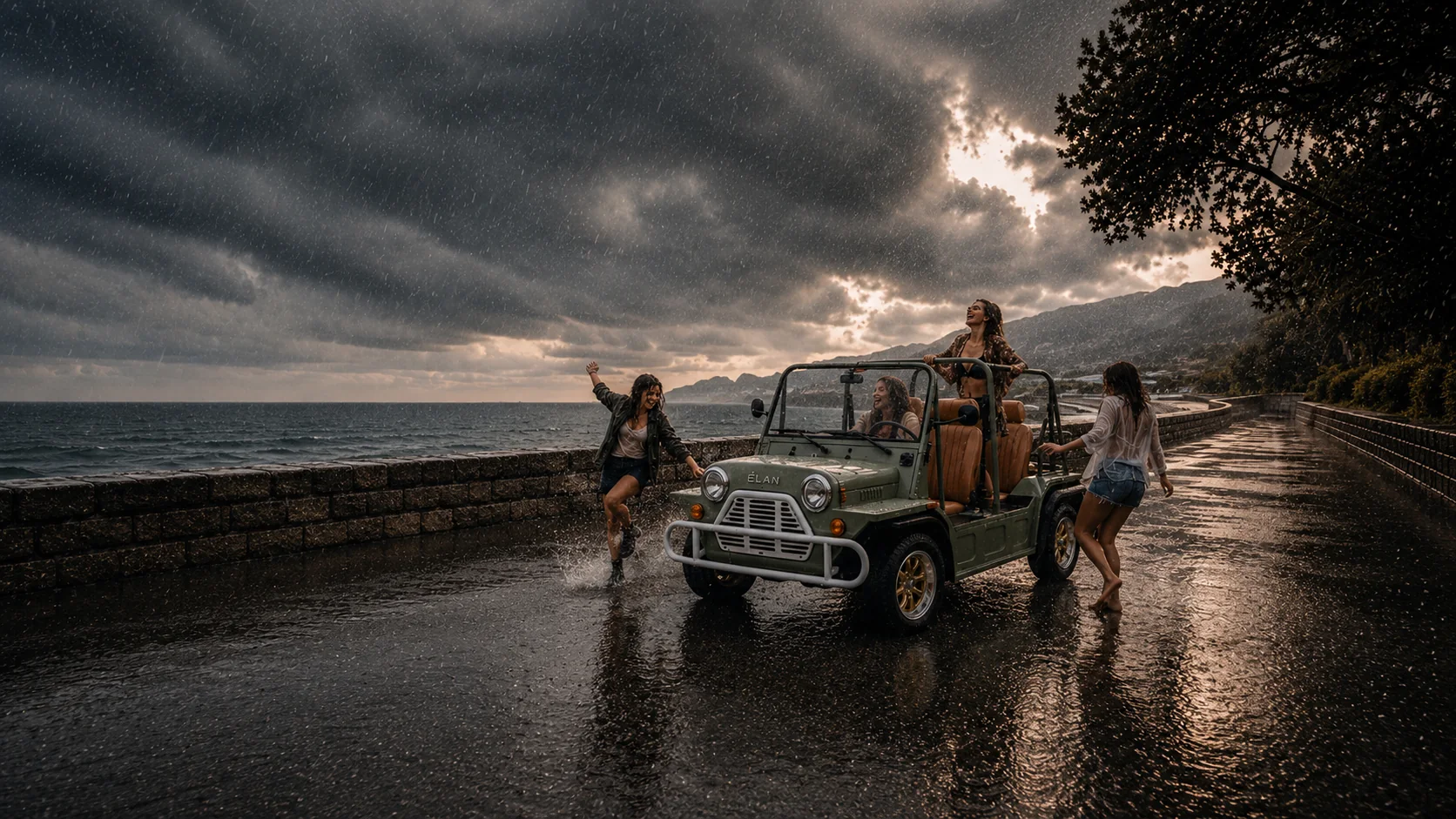 Amigos a dançar à volta de um ÉLAN à chuva junto à costa